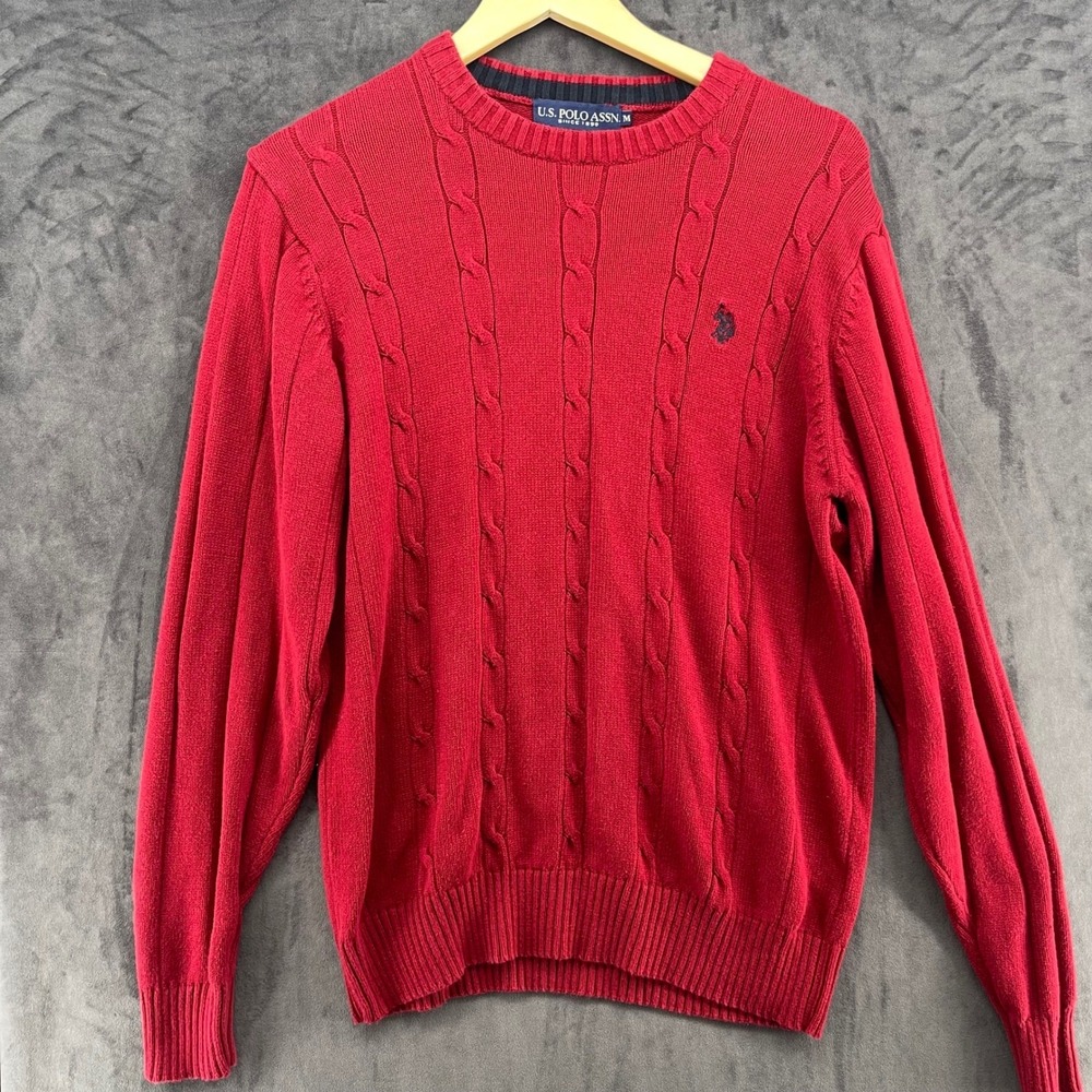 US Polo Assn Mens Red Cable Knit Cotton Crew Neck Sweater BRUSR5106 Size M